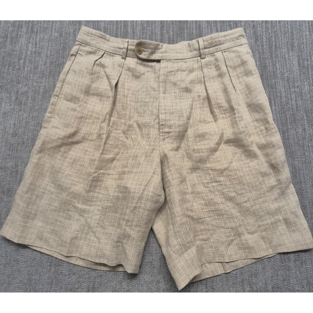 Harold Powell mens tan khaki 100% linen dress shorts sz. 33 preppy pleated front